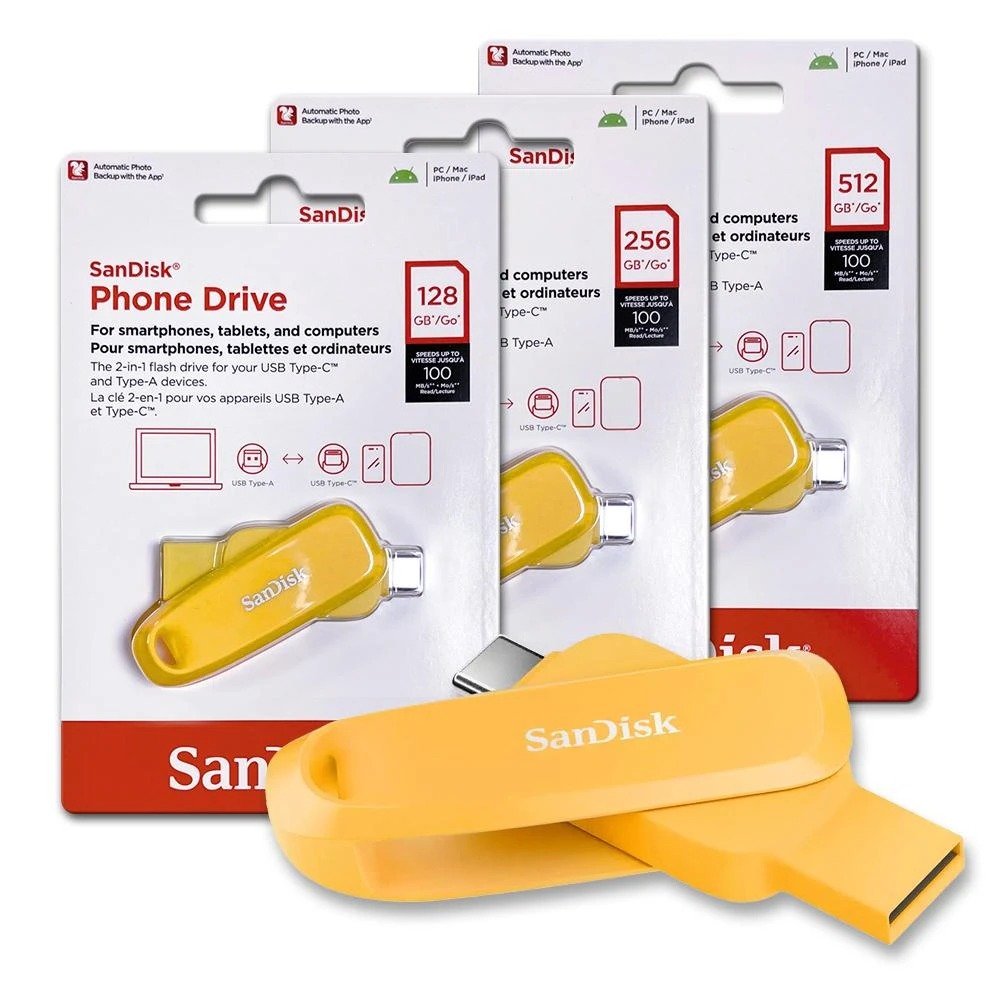Pendrive SanDisk 2-in-1 USB 3.2 Gen 1 Mobile Pen Drive 256GB SDDDC6-256G- I46YD | USB Type-C & Type-A For Smartphones, Tablets & Computers, Yellow Daffodil