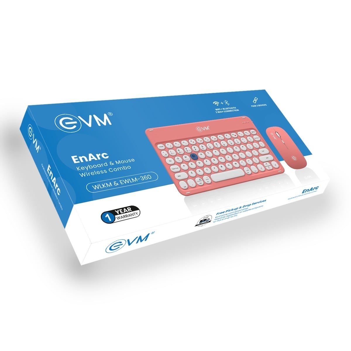Keyboard & Mouse Combo EVM Rechargeable Wireless ENARC WLKM & EWLM-360 | Bluetooth 5.0 + 2.4GHz, Type-C charging, 1600 DPI mouse, USB receiver, smooth keys, silent click, slim & portable design, long battery life, peach & white