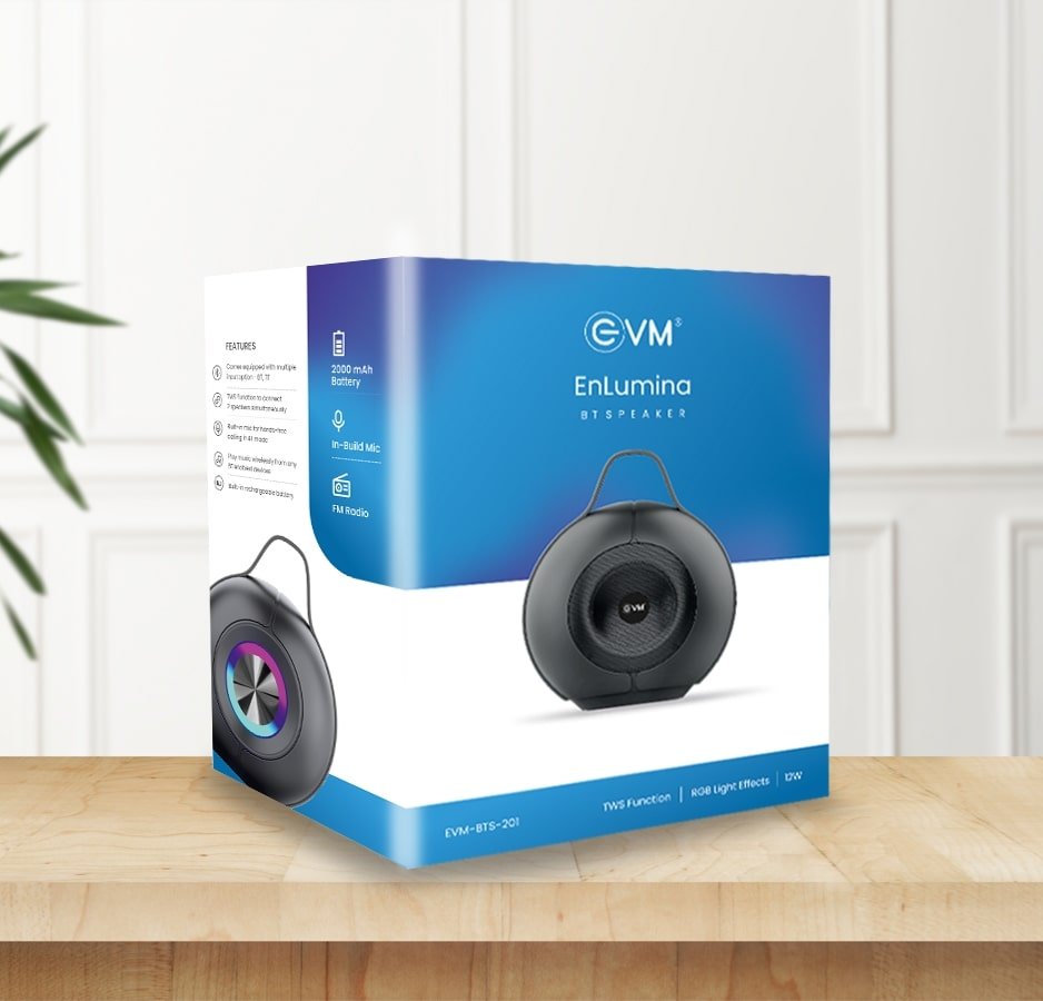 Speaker EVM EnLumina Bluetooth Speaker EVM-BTS-201 | Bluetooth Version 5.3, 12 hours Playtime, 12 W RMS, 6.6cm Speaker Driver, 2000 MAh Battery, FM Radio, RGB Lights, Built-in Mic, Black