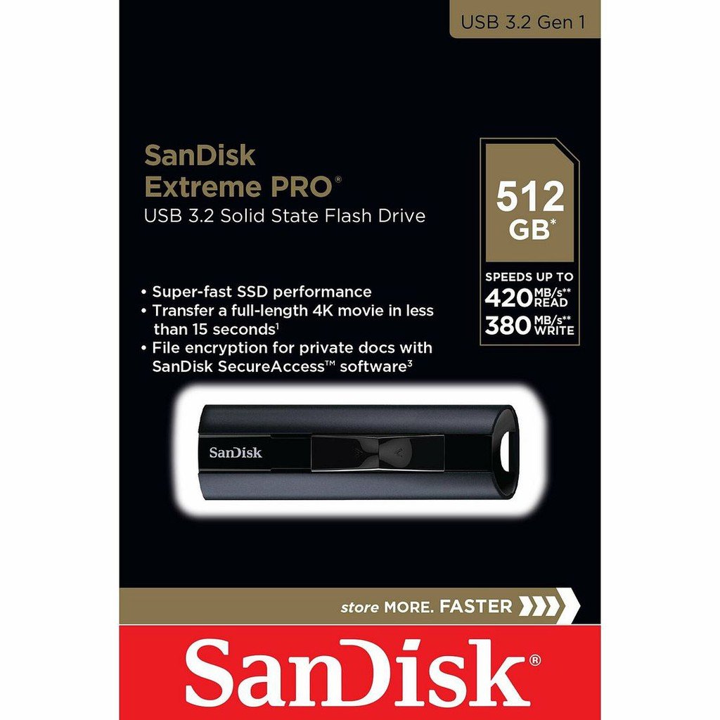 Pendrive Sandisk Extreme PRO USB 3.2 Gen1, 512GB SDCZ880-512G- G46 Solid State Flash Drive | High Speed Transfer 420MB/s Read & 380MB/s Write Speed, Works with Computers, Laptops, Black