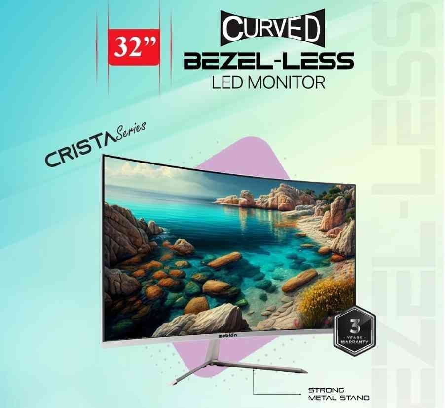 Monitor Zebion 32 Pro (Crista Series) | 31.5 inch (80cms) Curved Bezel-Less LED Monitor, IPS Panel, 1920x1080 75HZ Pixel with Max Resolution, HDMI, VGA, Speaker, Wall Mountable, 16.7 M Display Colors, 5ms Fast Response, 3 years warranty, White