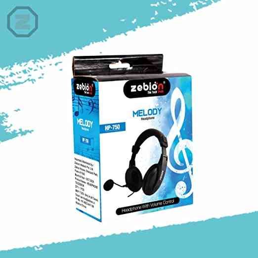Headphone Zebion HP-750 Over Ear Headphone with Rotatable Boom MIC, 2-Jack Connector with Volume Control, with 1.8-2.5M Cable Length, 80mW Max Output, Sturdy & Comfortable, Suitable for Devices with AUX Input | Colour:- Black