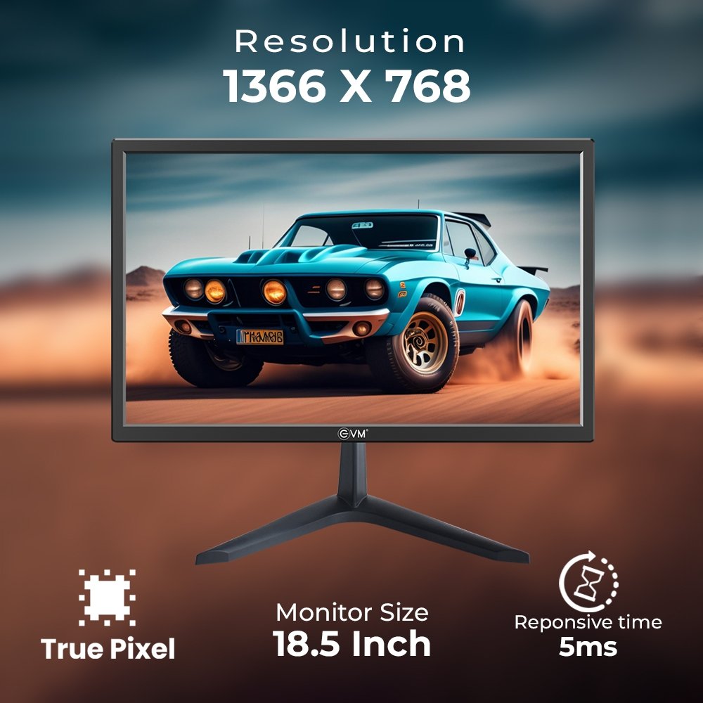 Monitor EVM 190 GRAND LED | 18.5 Inch 1366×768 HZ, 5ms Fast Response Time, True Pixel, 16.7M Display Colors, VGA+HDMI, Viewing Angle H 176º, V 160º, Max Brightness 160-200cd/m2, Panel Size 409.8 (H) × 230.4(V) mm, 100x100mm VESA Wall Mountable, Black