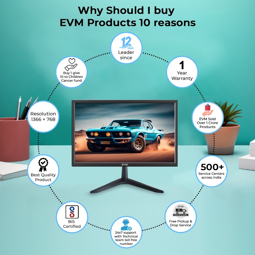 Monitor EVM 190 GRAND LED | 18.5 Inch 1366×768 HZ, 5ms Fast Response Time, True Pixel, 16.7M Display Colors, VGA+HDMI, Viewing Angle H 176º, V 160º, Max Brightness 160-200cd/m2, Panel Size 409.8 (H) × 230.4(V) mm, 100x100mm VESA Wall Mountable, Black
