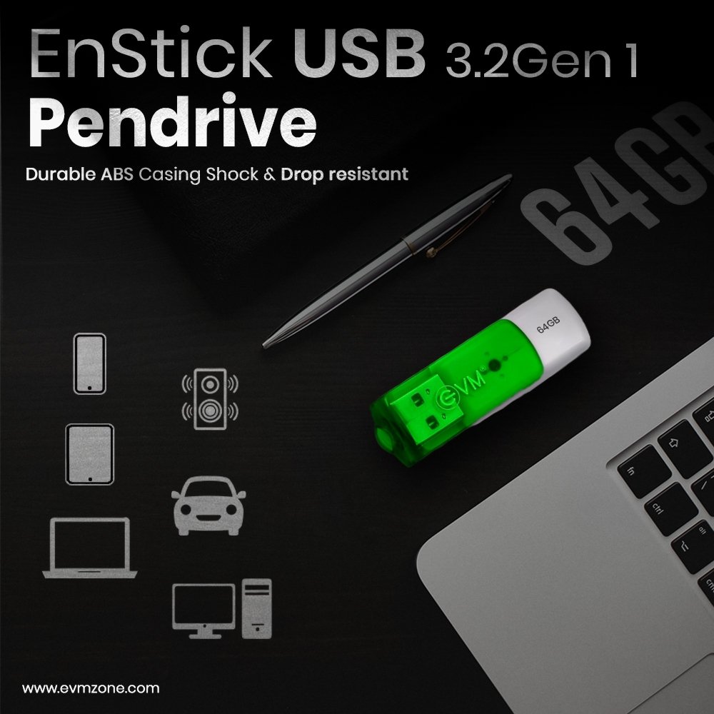 Pendrive EVM EnStick 64GB USB 3.2 Gen 1 EVMPDA3.2/64GB Flash Drive | High Read Speeds Upto 200MB/s & Write Speeds Upto 120MB/s, Universal Compatibility, White + Green