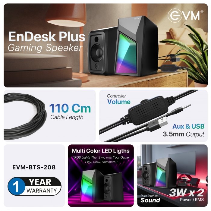 Speaker EVM EnDesk Plus Gaming 2.0 Computer Speaker EVM-BTS-208 | 3W × 23 Power /RMS, Multi Color LED Lights, Volume Controller, Aux & USB 3.5mm Output, 110cm Cable Length, Black