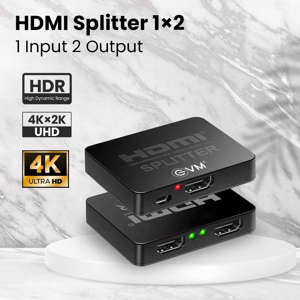 Splitter HDMI EVM 1 X 2 HDS12 | HDMI Splitter 1 in 2 Out, Supports HDMI 4K x 2K UHD, 30HZ, HDR, Plug & Play, WITHOUT ADAPTER, Black