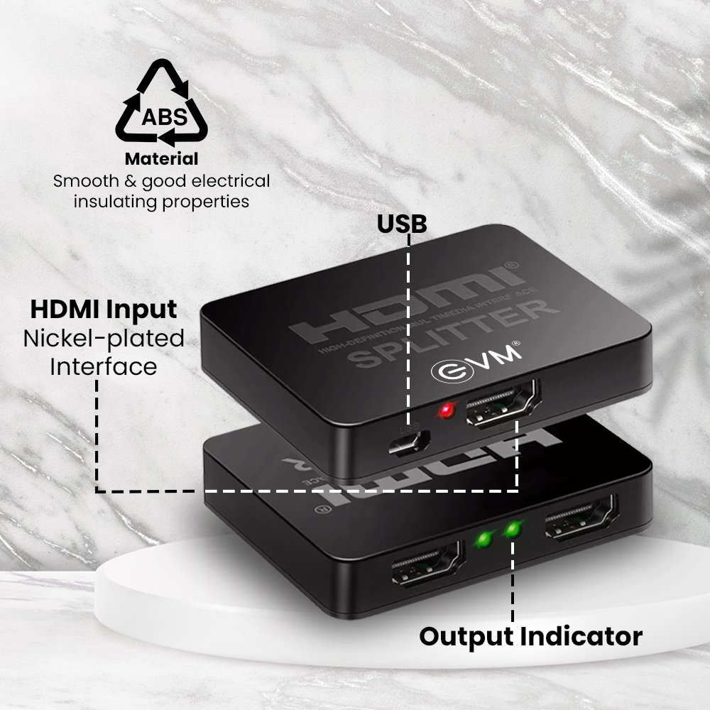 Splitter HDMI EVM 1 X 2 HDS12 | HDMI Splitter 1 in 2 Out, Supports HDMI 4K x 2K UHD, 30HZ, HDR, Plug & Play, WITHOUT ADAPTER, Black