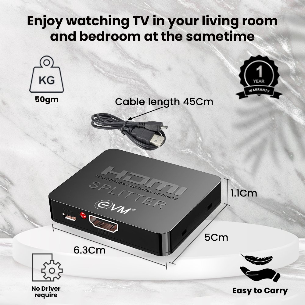 Splitter HDMI EVM 1 X 2 HDS12 | HDMI Splitter 1 in 2 Out, Supports HDMI 4K x 2K UHD, 30HZ, HDR, Plug & Play, WITHOUT ADAPTER, Black
