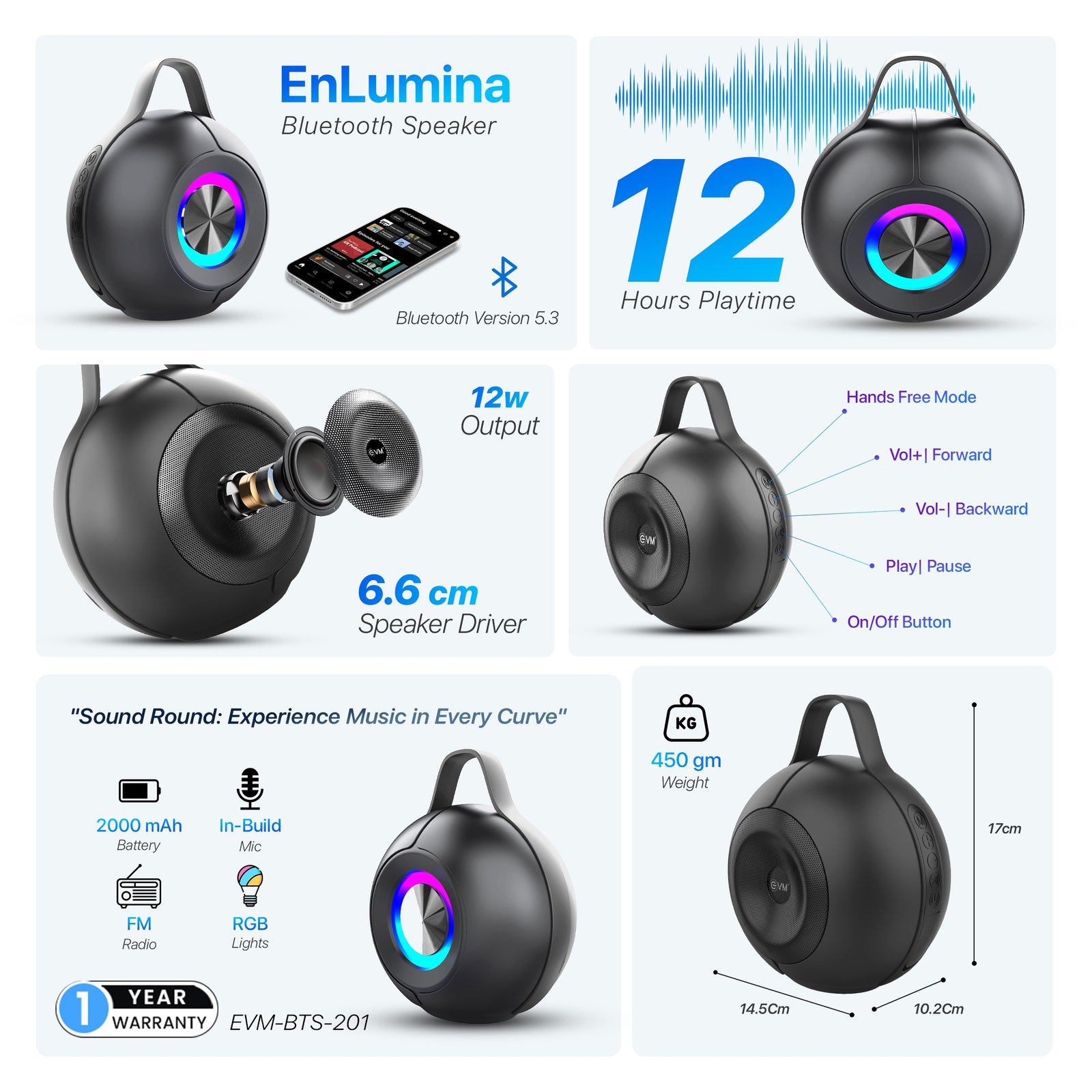 Speaker EVM EnLumina Bluetooth Speaker EVM-BTS-201 | Bluetooth Version 5.3, 12 hours Playtime, 12 W RMS, 6.6cm Speaker Driver, 2000 MAh Battery, FM Radio, RGB Lights, Built-in Mic, Black