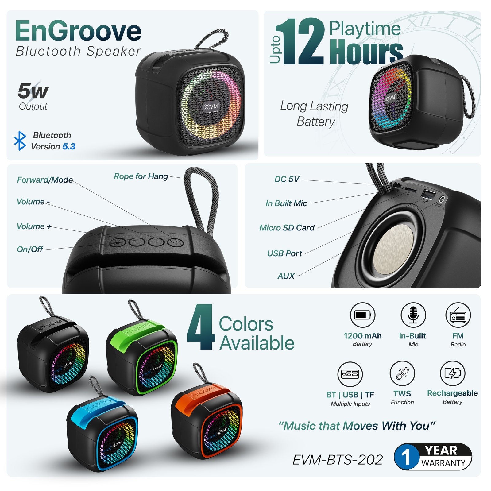 Speaker EVM EnGroove Bluetooth Speaker EVM-BTS-202 | Bluetooth Version 5.3, 12 Hours Playtime, 5W RMS, 1200mAh Battery, FM Radio, TWS Function, Rechargeble Battery, USB Type-C Charging Input Port, Built-in Mic, Black + Blue