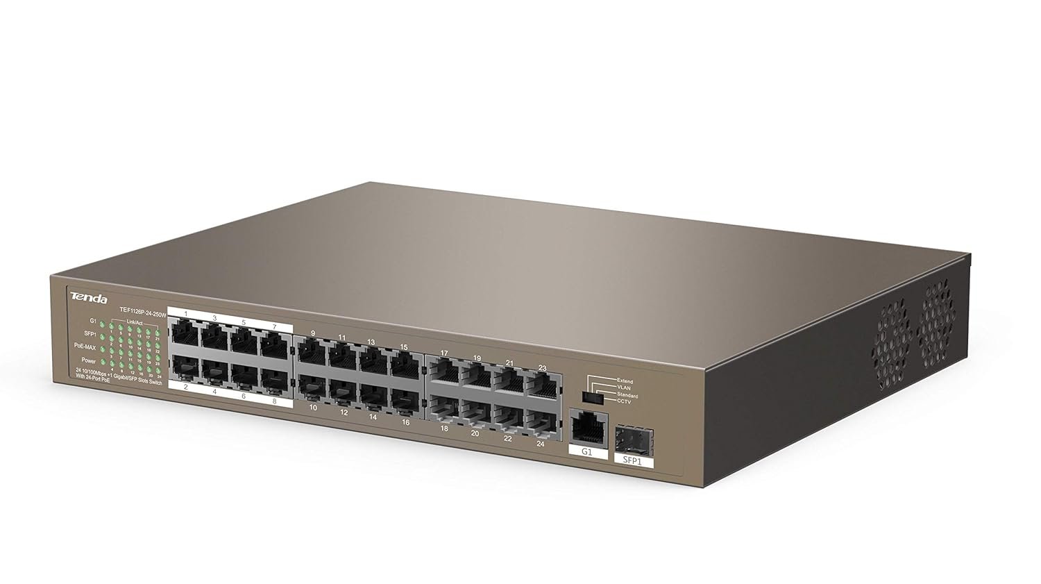 Switch Tenda TEF1126P-24-250W 24-Port 10/100 Mbps PoE Switch + 2 Gigabit Uplink + 1 SFP, 250W