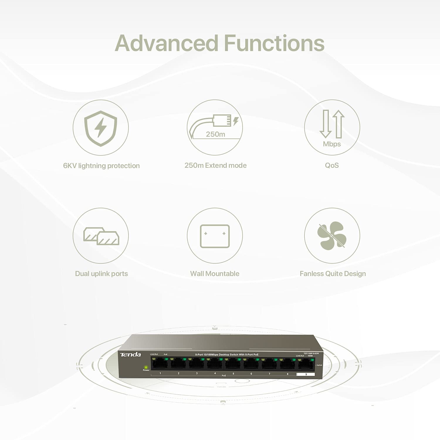 Switch Tenda TEF1109P-8-63W 9-Port 10/100 Mbps Unmanaged PoE Switch with 8-Port PoE, 63W