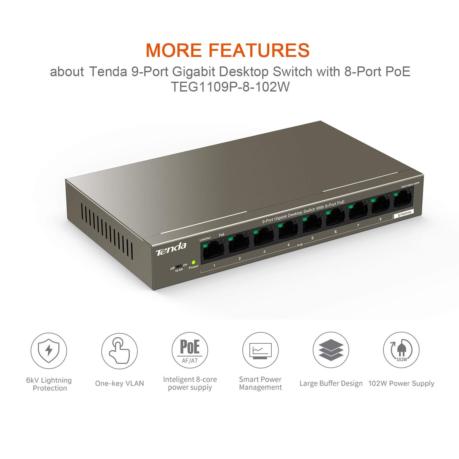Switch Tenda TEG1109P-8-102W 9-Port Gigabit Ethernet Unmanaged Switch with 8-Port PoE, 102W