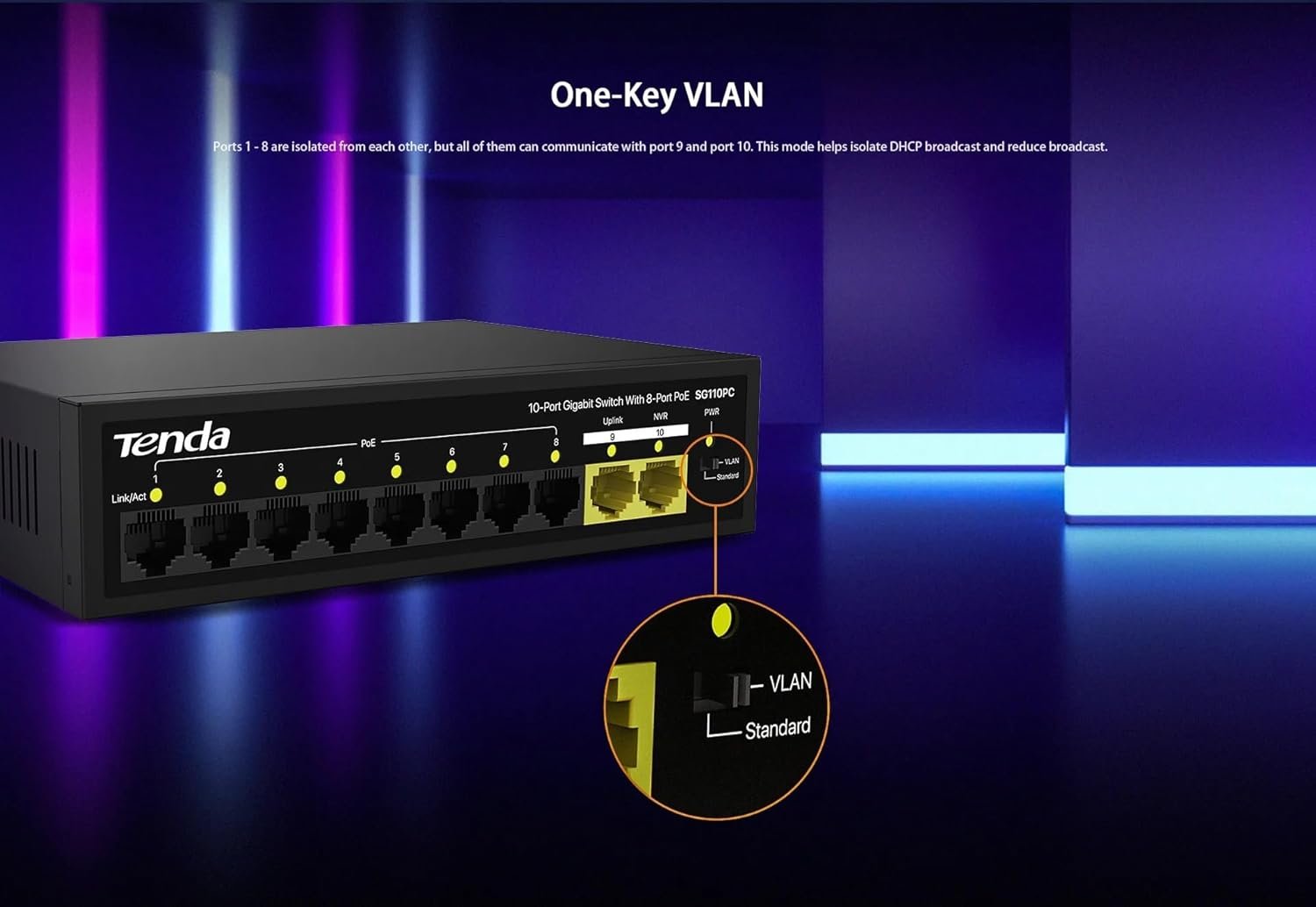 Switch Tenda TEI-S110GPC 10-Port Unmanaged PoE Switch + 2 Gigabit Uplink PoE Ports, Black