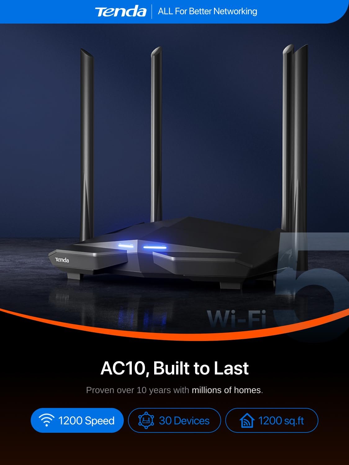 Router Tenda AC10 AC1200 Wireless Smart Dual-Band Gigabit WiFi Router, MU-MIMO, 4 Gigabit Ports, 867Mbps/5 GHz+ 300Mbps /2.4GHz, Support VPN Server, WiFi Schedule, (Black, Not a Modem)