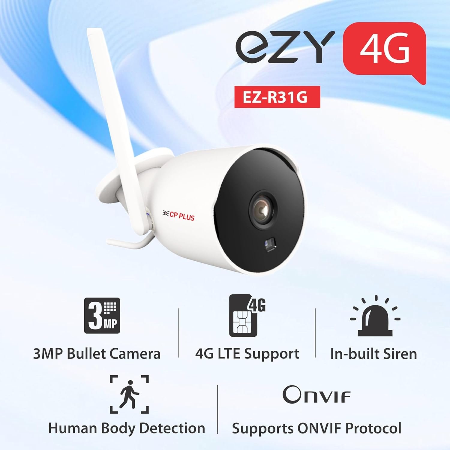 Security Camera CP Plus Ezy EZ-R31G | 3MP 4G Outdoor Bullet Camera, Built-in Mic & Speaker, Built-in Siren, Support Two Way Talk, Support Human Body Detection, ONVIF Support, Support SD Card Upto 256GB, White