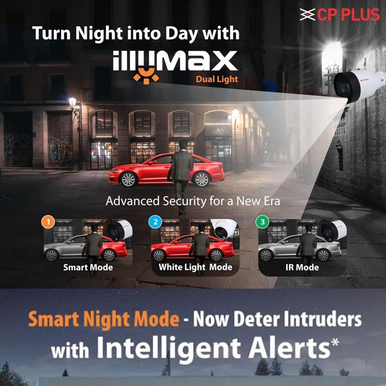 Security Camera CP Plus CP-URC-TC24PL3C-L-V2 | 2.4MP Illumax Dual Light Day/ Night Vision, In Warm Light (Color) & IR (B & W) Bullet Camera, IR Range of 30Mtr, 3.6mm Fixed Lens, Built-in Mic, White