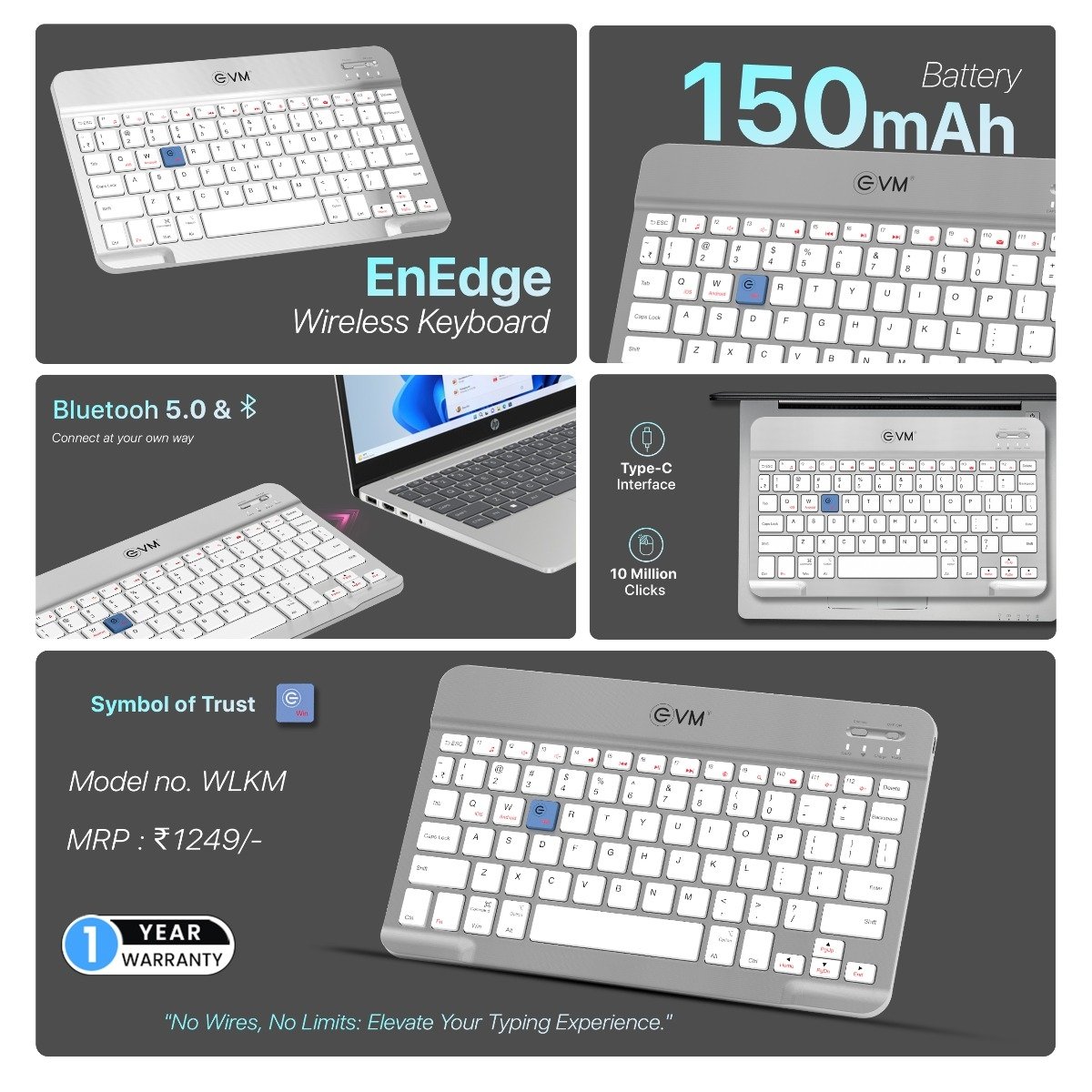Keyboard EVM ENEDGE WLKM Rechargeable Wireless Keyboard | 9.7 inch, Bluetooth 5.0 With Type C Interface, Ultra Slim & Lightweight, Compatible with Tablets, Smartphones, Silver