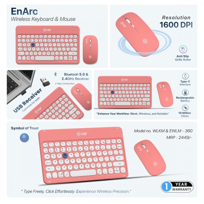 Keyboard & Mouse Combo EVM Rechargeable Wireless ENARC WLKM & EWLM-360 | Bluetooth 5.0 + 2.4GHz, Type-C charging, 1600 DPI mouse, USB receiver, smooth keys, silent click, slim & portable design, long battery life, peach & white