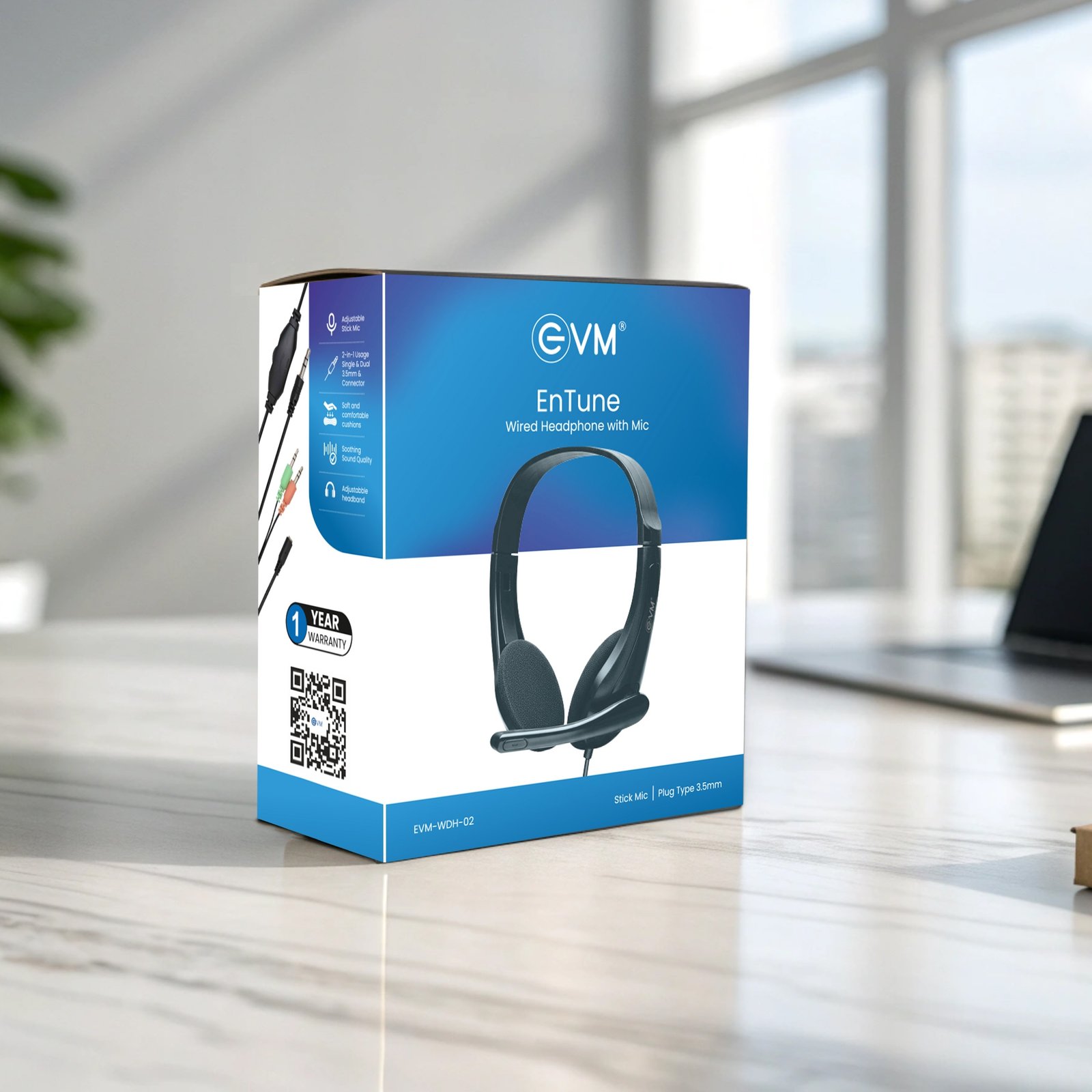 Headphone EVM Wired With Mic EnTune EVM-WDH-02 | Adjustable Stick Mic, 2-In-1 Usage Single & Dual 3.5mm Plug Type, Soft & Comfortable Cushions, Soothing Sound Quality, Adjustabble Headband, Black