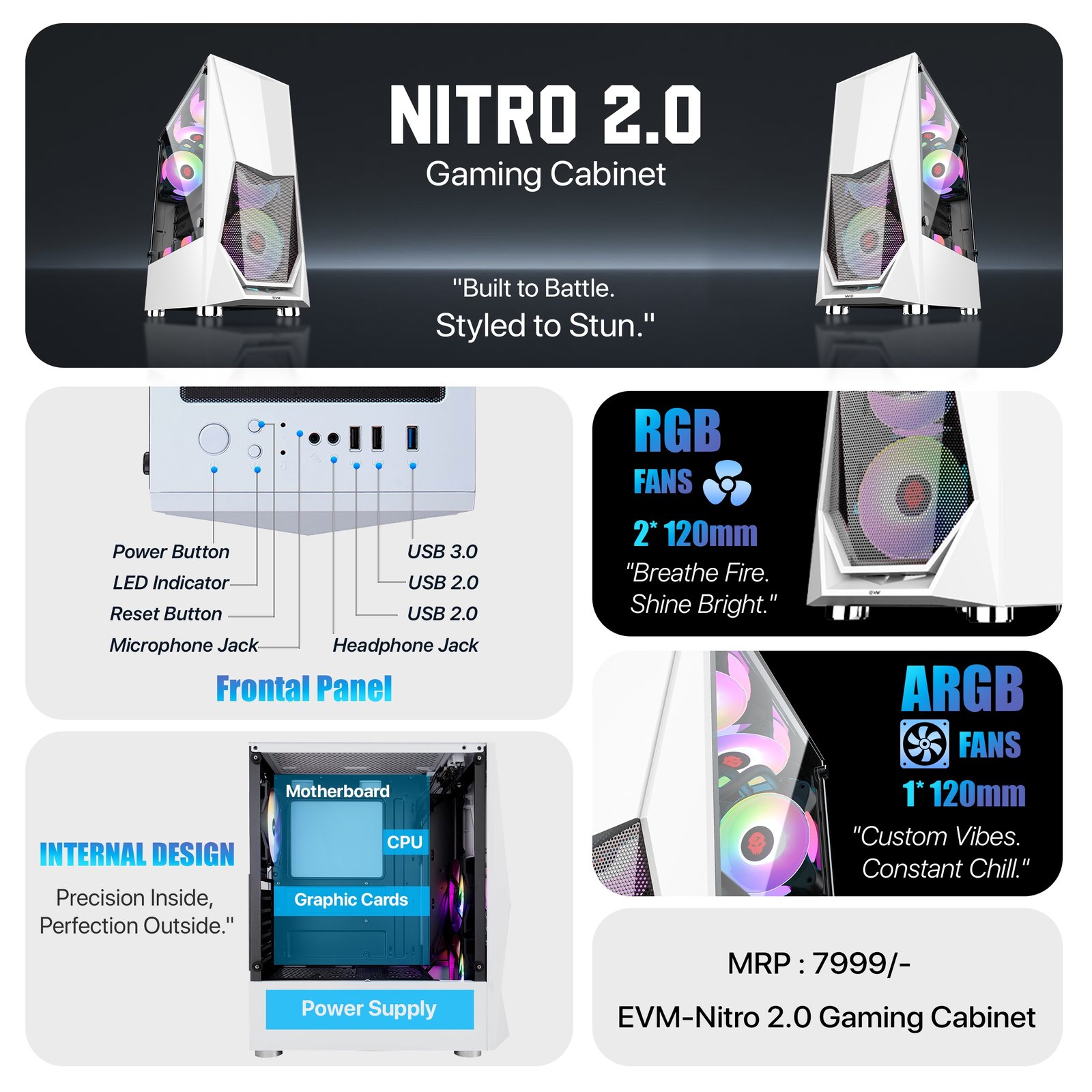 Cabinet EVM Gaming Nitro-2.0 With Fan | Tempered Glass, Support ATX, Micro ATX, ITX, 1*USB 3.0 + 2*USB 2.0 + HD Audio, SPCC White Coating Material, Front Panel Plastic & Mesh, Top Panel Magnetic Dust Filter, 120mm RGB Fan, Strong & Sleek Design, White