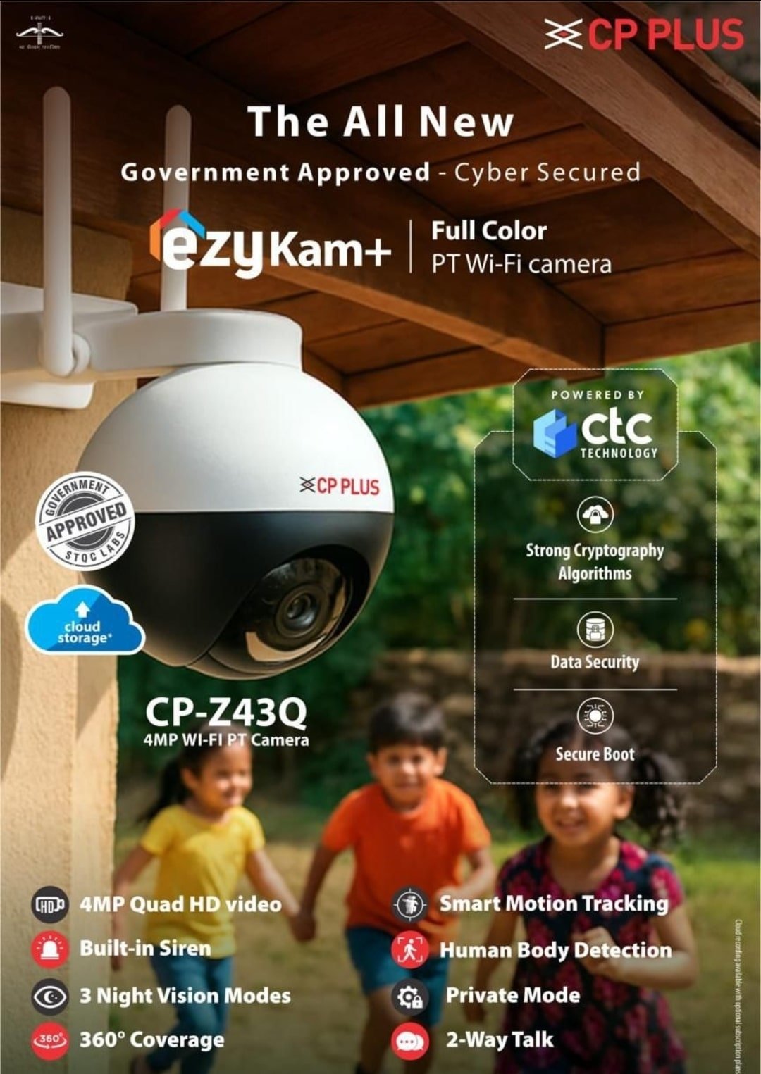 Security Camera CP Plus CP-Z43Q | 4MP WI-FI Full Color Outdoor Smart Security Camera, CTC Technology, 360˚With Pan & Tilt, Two Way Talk, Human Detection, Night Vision, Supports SD Card Upto 128 GB, Alexa & Google, White