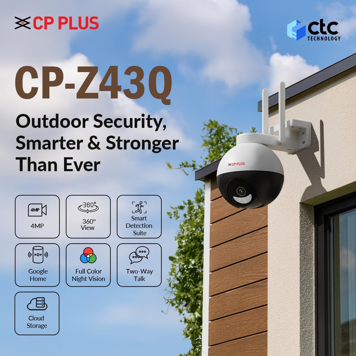 Security Camera CP Plus CP-Z43Q | 4MP WI-FI Full Color Outdoor Smart Security Camera, CTC Technology, 360˚With Pan & Tilt, Two Way Talk, Human Detection, Night Vision, Supports SD Card Upto 128 GB, Alexa & Google, White