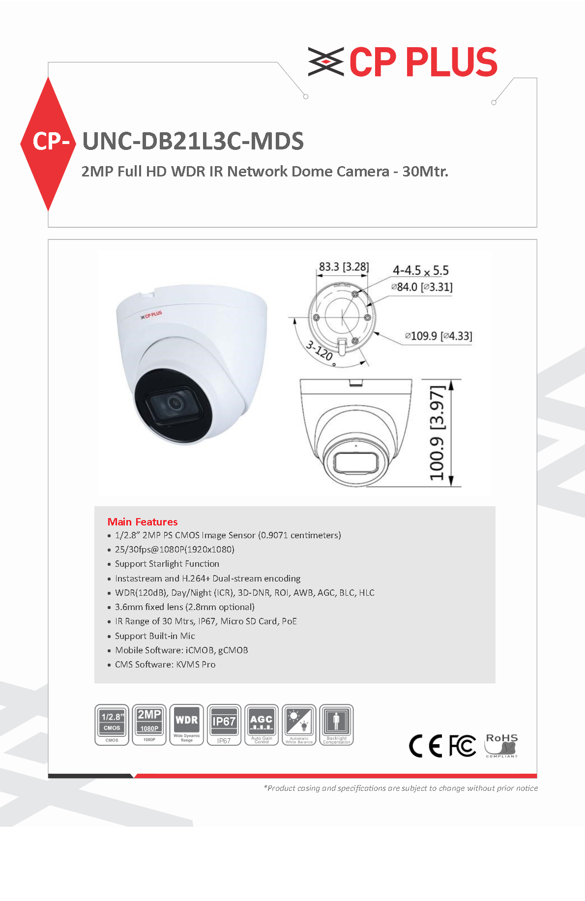 Security Camera CP Plus 2MP Full HD WDR IR Network Dome Camera CP-UNC-DB21L3C-MDS-V2-0360