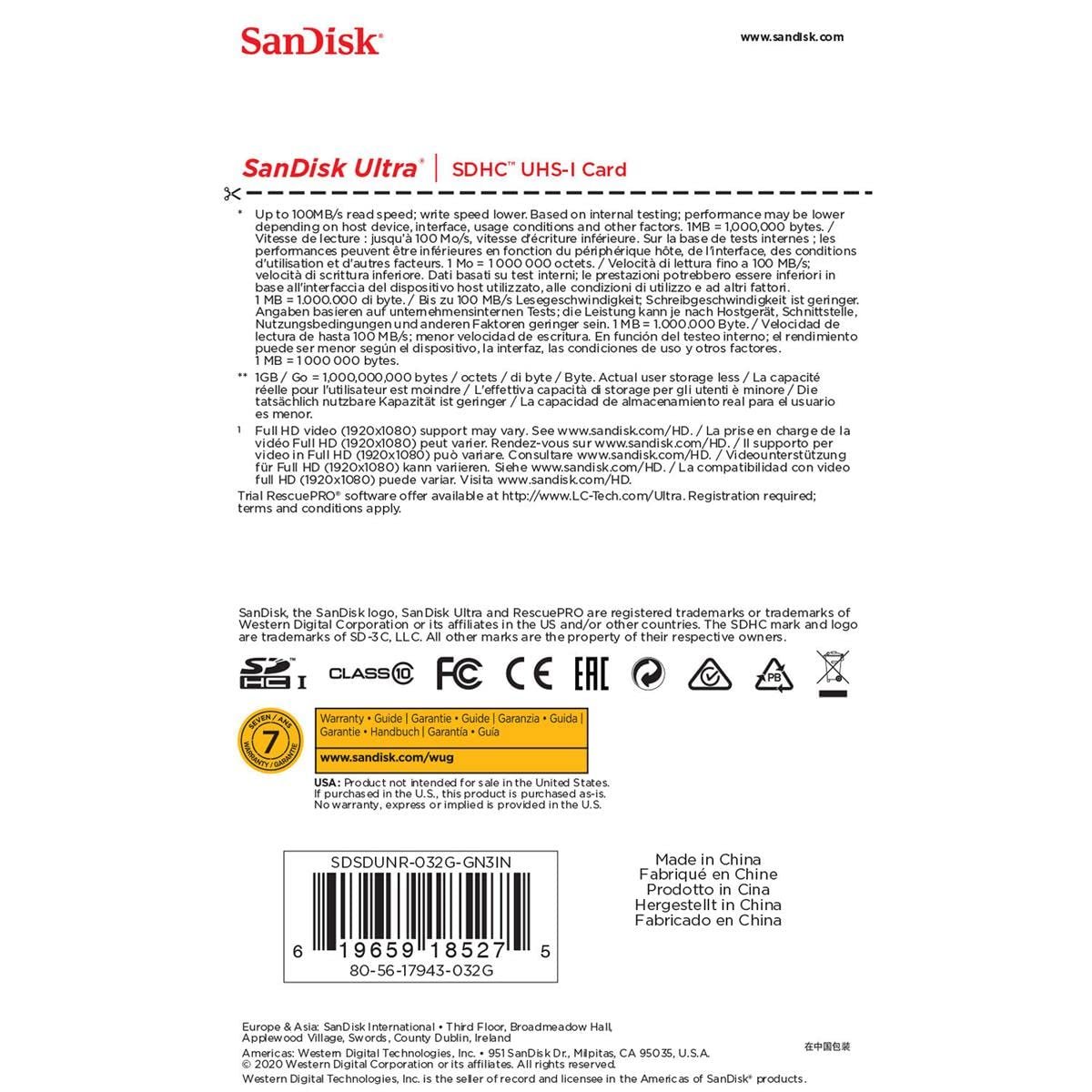 Card MicroSD SanDisk 32GB Ultra SDHC UHS-I Memory Card - 100MB/s, C10, U1, Full HD | SDSDUNR-032G-GN3IN