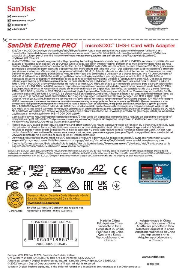 Card MicroSD SanDisk 64GB Extreme PRO microSDXC UHS-I Card with Adapter - C10, U3, V30, A2, 200MB/s Read, 90MB/s Write | SDSQXCU-064G-GN6MA