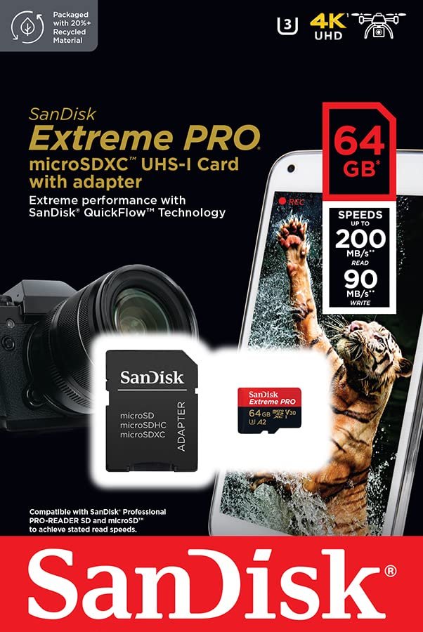 Card MicroSD SanDisk 64GB Extreme PRO microSDXC UHS-I Card with Adapter - C10, U3, V30, A2, 200MB/s Read, 90MB/s Write | SDSQXCU-064G-GN6MA