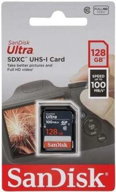 Card SD SanDisk 128GB Ultra SDXC UHS-I Memory Card with Adapter - 100MB/s, C10, U1, Full HD | SDSDUNR-128G-GN3IN