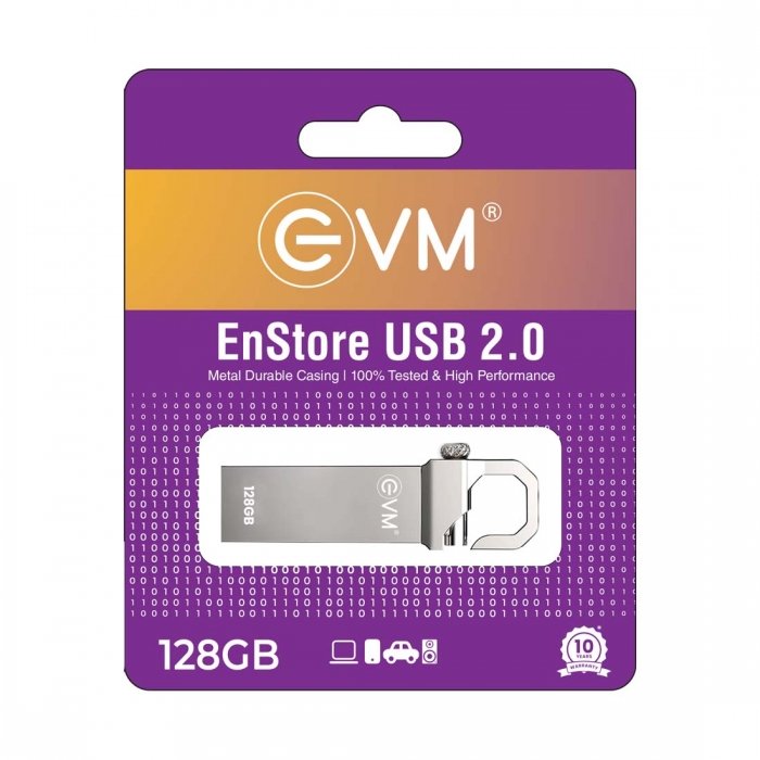 Pendrive EVM EnStore 128GB Metal USB 2.0 Flash Drive | High Read Speeds up to 15MB/s & Write Speeds up to 8MB/s, Durable Metal Casing, Ideal for Data Transfer & Storage, Silver
