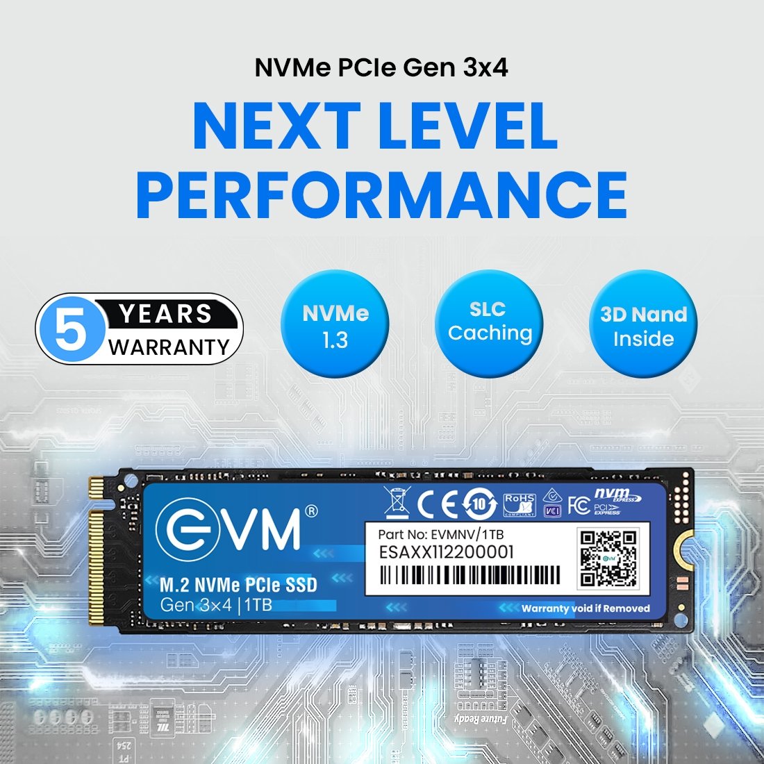 Harddisk EVM 1TB M.2 NVMe SSD 2280 EVMNV/1TB | PCIe Gen3x4 Internal SSD | 3500MB/s Read | 2800MB/s Write | 3D NAND Flash | Ultra Fast Storage | High Performance | for Laptop & Desktop