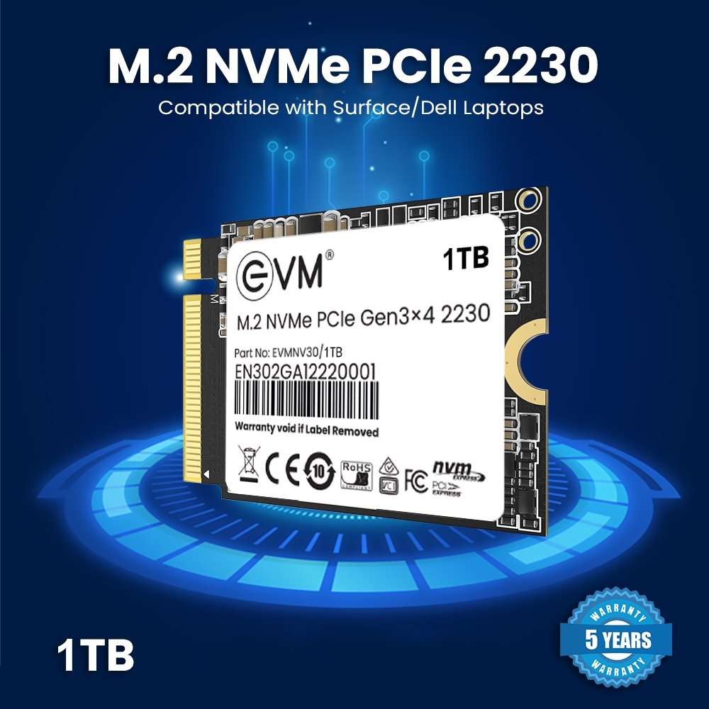 Harddisk EVM EVMNV30/1TB M.2 NVME PCle Gen 3x4 (2230) SSD | 3D NAND Flash, High Speed Performance Up to 3000MB/s Read & 1900MB/s Write Speed