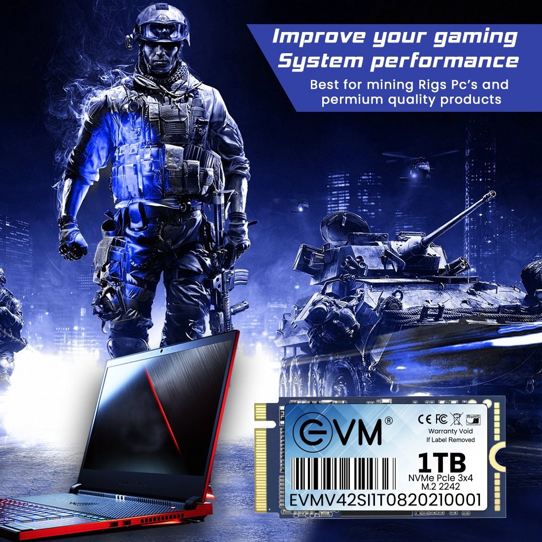 Harddisk EVM EVMNV42/1TB M.2 NVME PCle Gen 3x4 (2242) SSD | 3D NAND Flash, High Speed Performance Up to 2100MB/s Read & 1900MB/s Write Speed, SATA III 6Gb/s Interface, Black