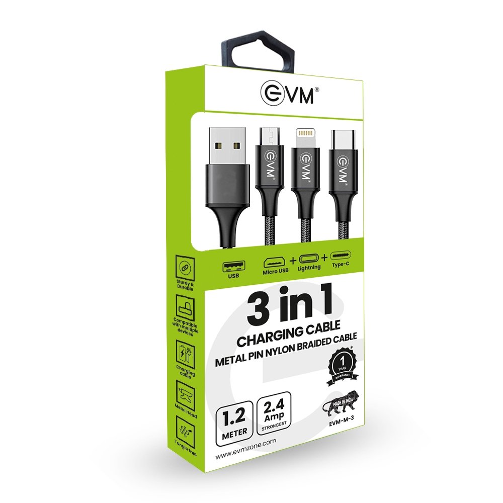 Cable EVM 3-in-1 (Micro USB + Lightning + Type C) Charging Cable 1.2Mtr EVM-M-3 Nylon Braided With Metal Head | High Speed, Sturdy & Durable, Tangle Free, 10,000+ Bend