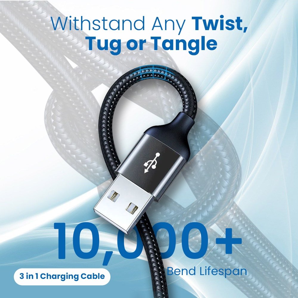Cable EVM 3-in-1 (Micro USB + Lightning + Type C) Charging Cable 1.2Mtr EVM-M-3 Nylon Braided With Metal Head | High Speed, Sturdy & Durable, Tangle Free, 10,000+ Bend