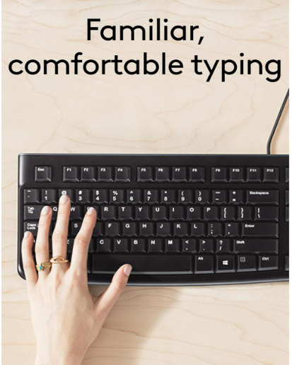Keyboard Logitech K120 Wired for Windows, USB Plug-and-Play, Full-Size, Spill-Resistant, Curved Space Bar, Compatible with PC, Laptop | Adjustable Tilt Legs & Quite Typing | Color Black