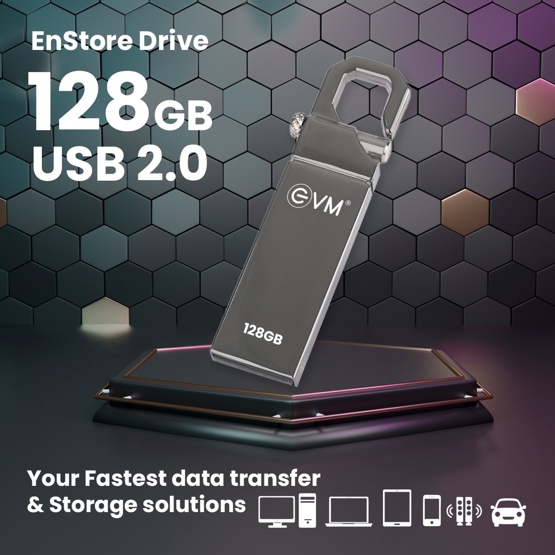 Pendrive EVM EnStore 128GB Metal USB 2.0 Flash Drive | High Read Speeds up to 15MB/s & Write Speeds up to 8MB/s, Durable Metal Casing, Ideal for Data Transfer & Storage, Silver