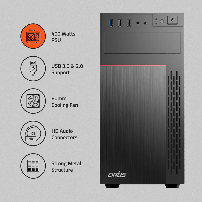 Cabinet Artis 2720 3.0 (1x2.0+1x3.0) USB Computer Cabinet | Support Micro ATX Motherboard, 1 X 80mm Fan With 400C Plus Power Supply