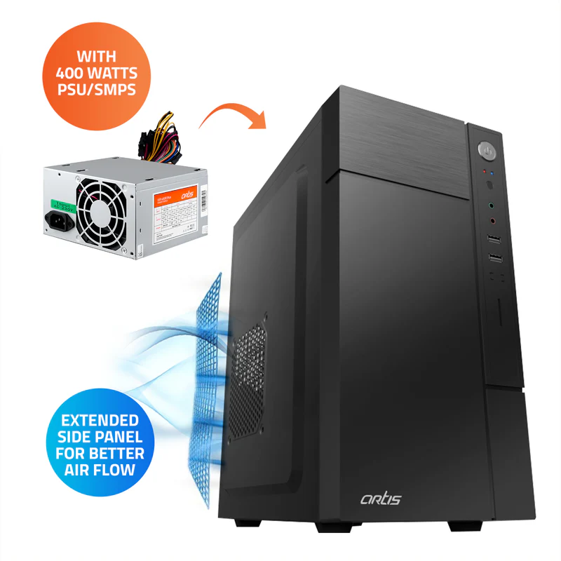 Cabinet Artis 2220 3.0 (1x2.0+1x3.0) USB Computer Cabinet | Support Micro ATX Motherboard, 1 X 80mm Fan With 400C Plus Power Supply