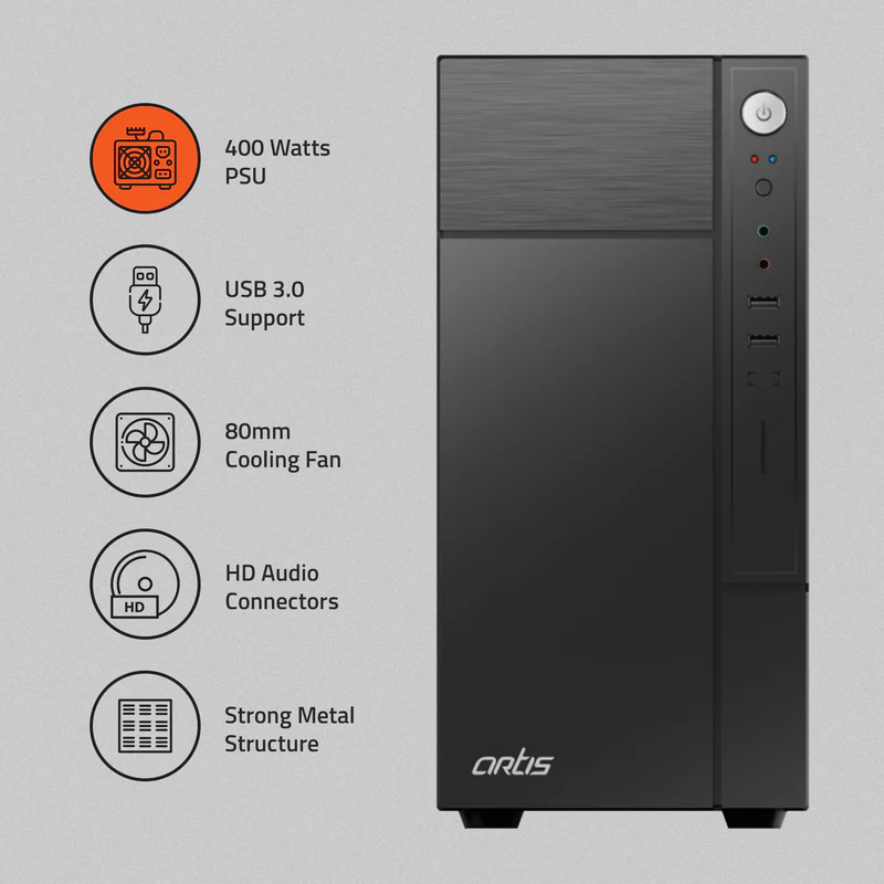 Cabinet Artis 2220 3.0 (1x2.0+1x3.0) USB Computer Cabinet | Support Micro ATX Motherboard, 1 X 80mm Fan With 400C Plus Power Supply