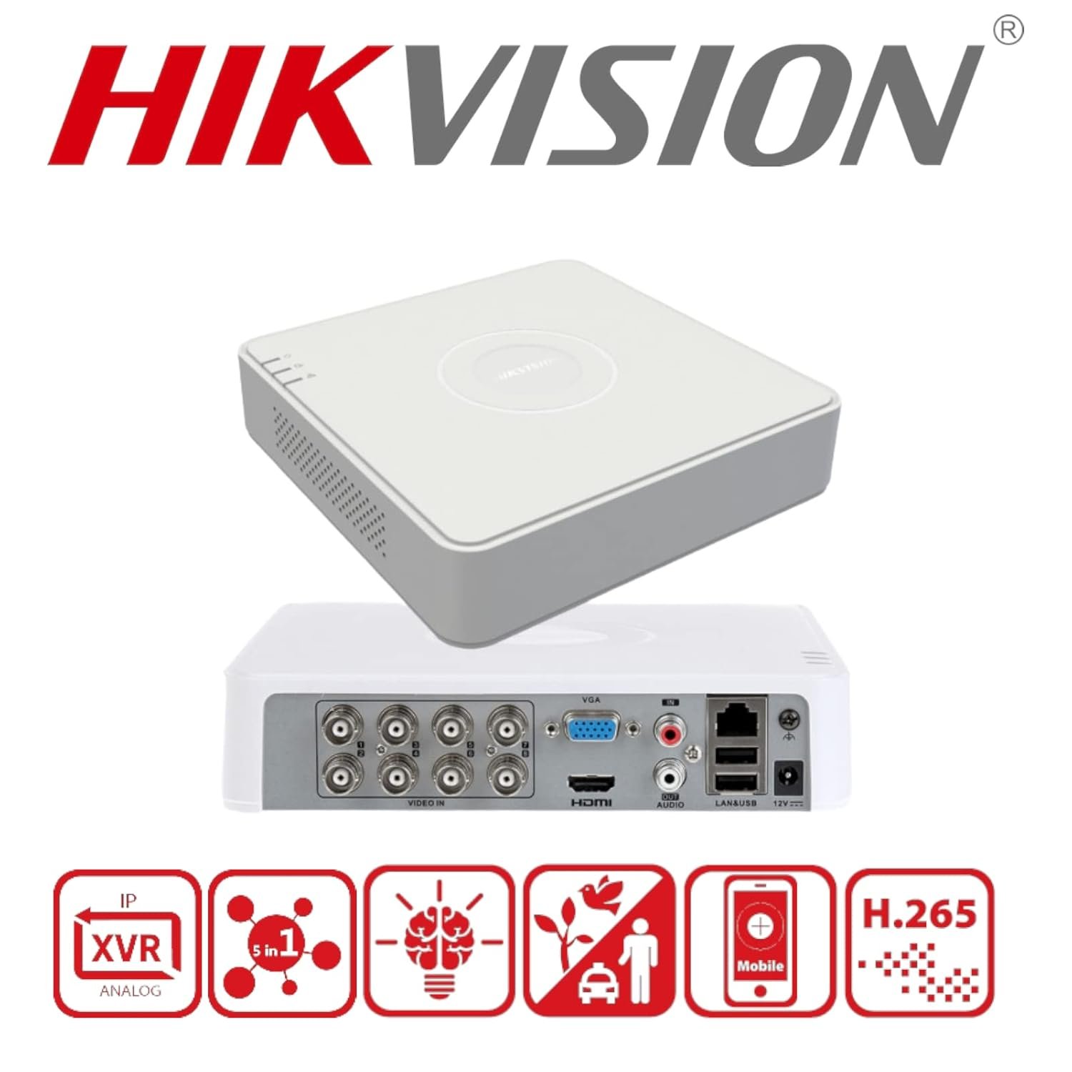 SDVR Hikvision IDS-7108HQHI-M1/T | 8 Channel 1080P Mini 1U H.265 AcuSense DVR, Motion Detection, Human / Vehicle Analysis, HDMI / VGA, 1 SATA Interface, White