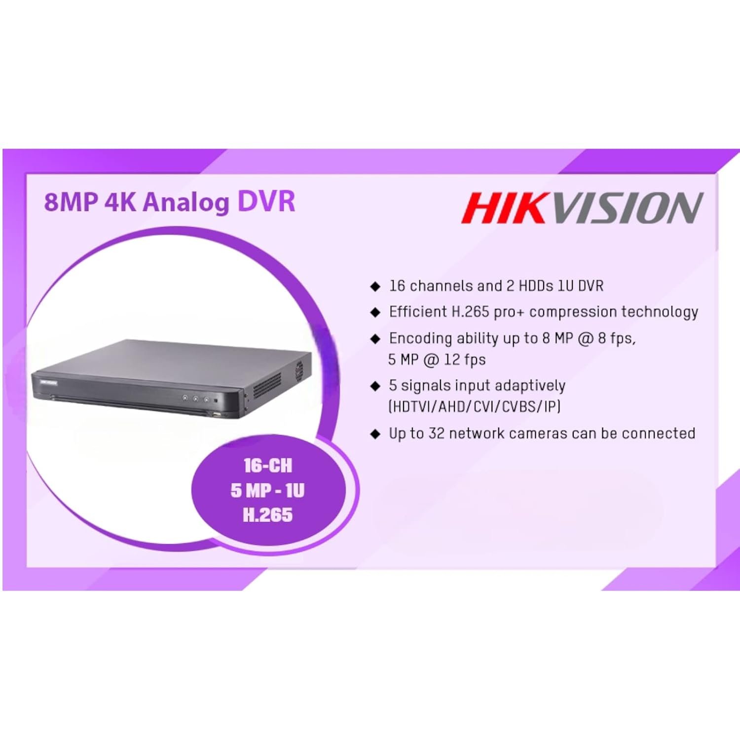 SDVR Hikvision IDS-7216HUHI-M2/X | 16 Ch 5MP 2 HDD 1U H.265 AcuSense DVR, HDMI/VGA Output, Support All Channels Motion Detection Technology, Black