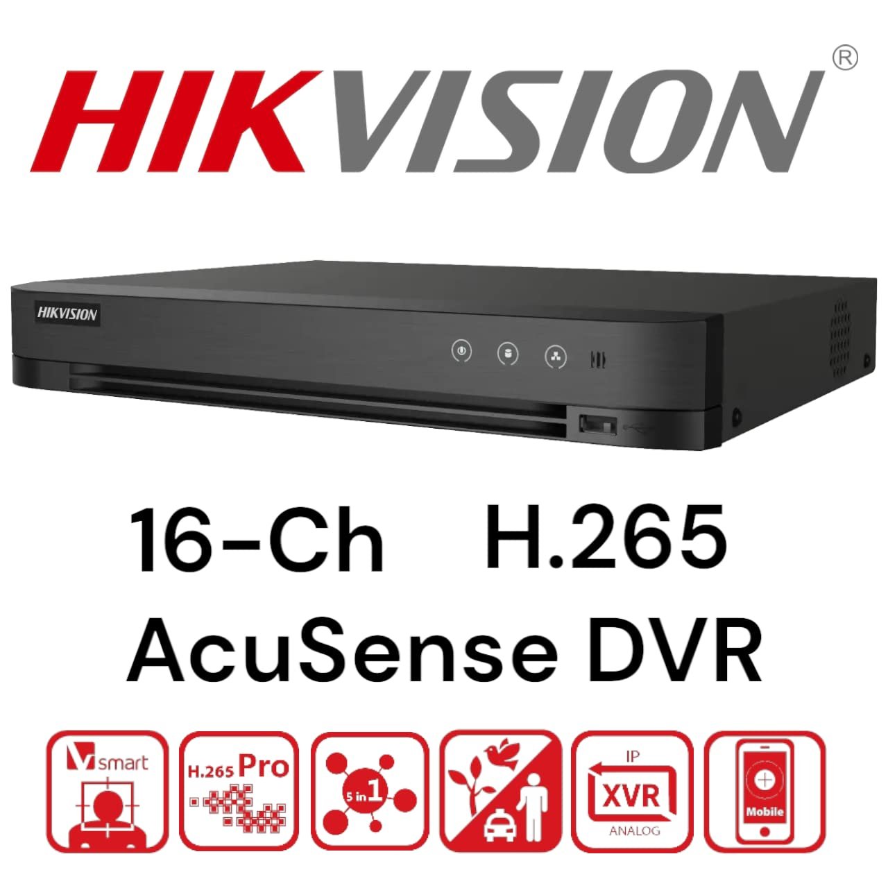 SDVR Hikvision IDS-7216HUHI-M2/X | 16 Ch 5MP 2 HDD 1U H.265 AcuSense DVR, HDMI/VGA Output, Support All Channels Motion Detection Technology, Black