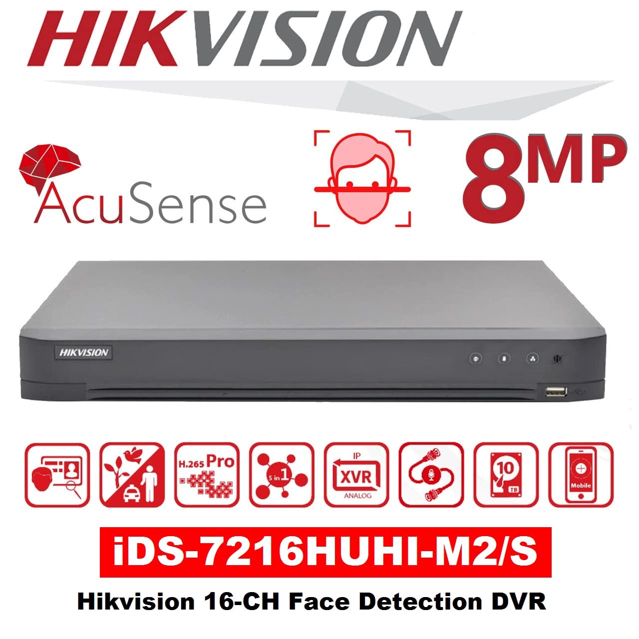 SDVR Hikvision IDS-7216HUHI-M2/X | 16 Ch 5MP 2 HDD 1U H.265 AcuSense DVR, HDMI/VGA Output, Support All Channels Motion Detection Technology, Black
