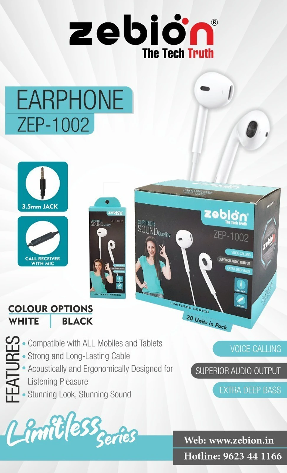 Earphone Zebion ZEP-1002 | Wired, With Mic, Compatible With All Mobiles & Tablets, Voice Calling, Superior Audio Output, Extra Deep Bass, White