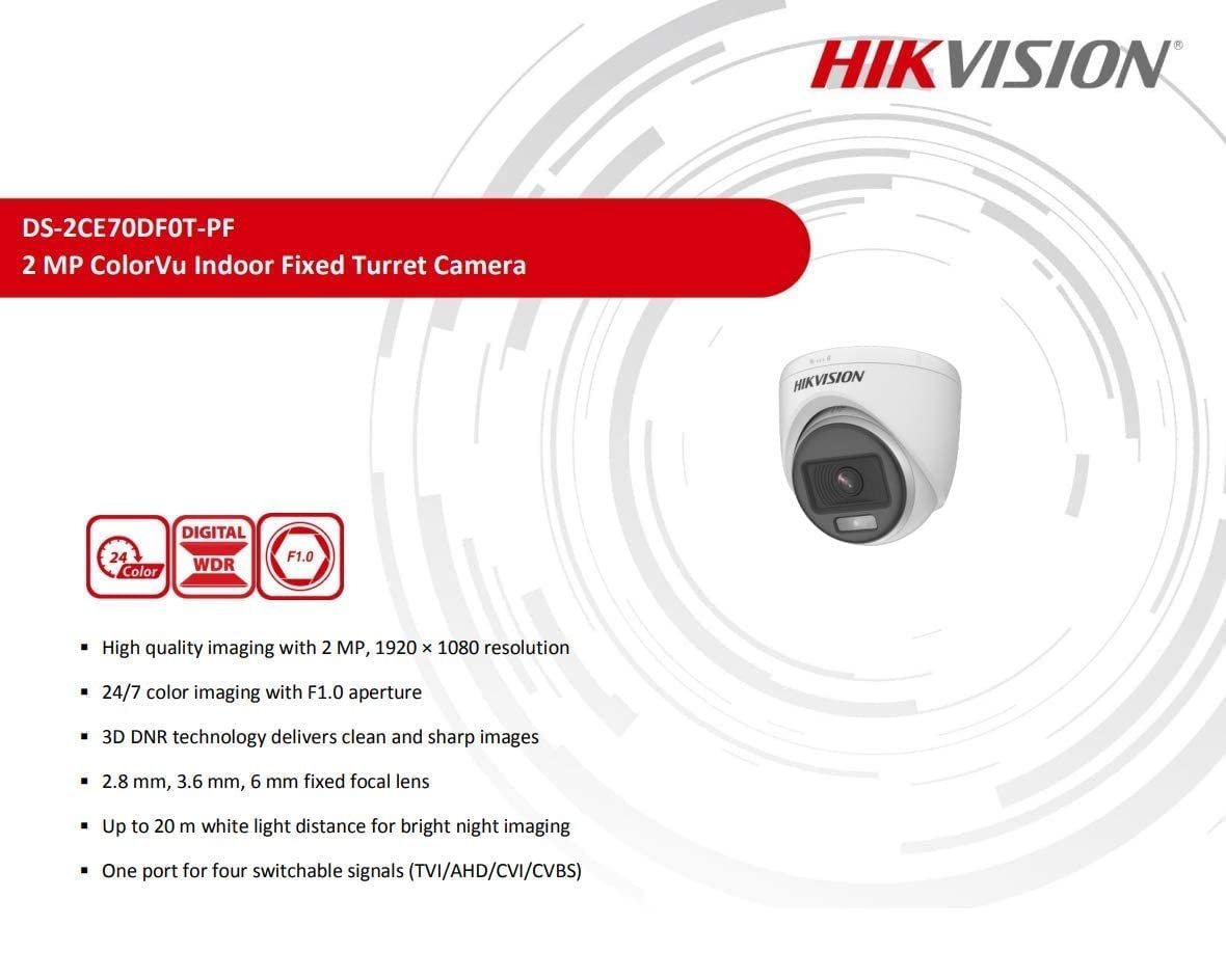 Security camera Hikvision DS-2CE70DF0T-PFS | 2MP ColorVu Audio Indoor Fixed Turret Camera, High Quality Imaging, 3D DNR Technology